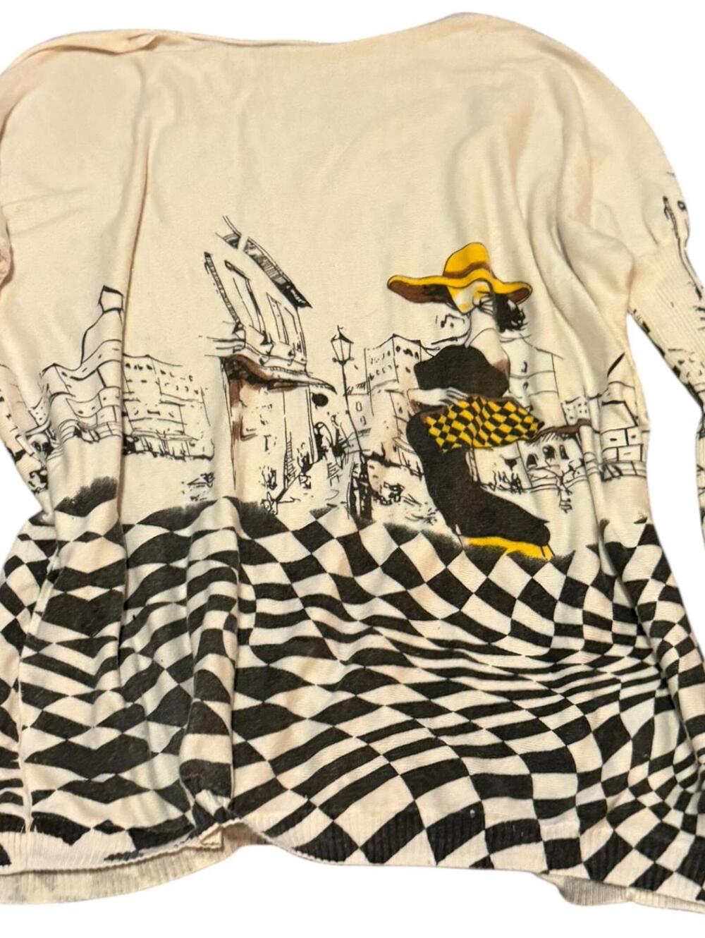 XIKOL cityscape graphic cardigan women’s longline sweater cream black yellow